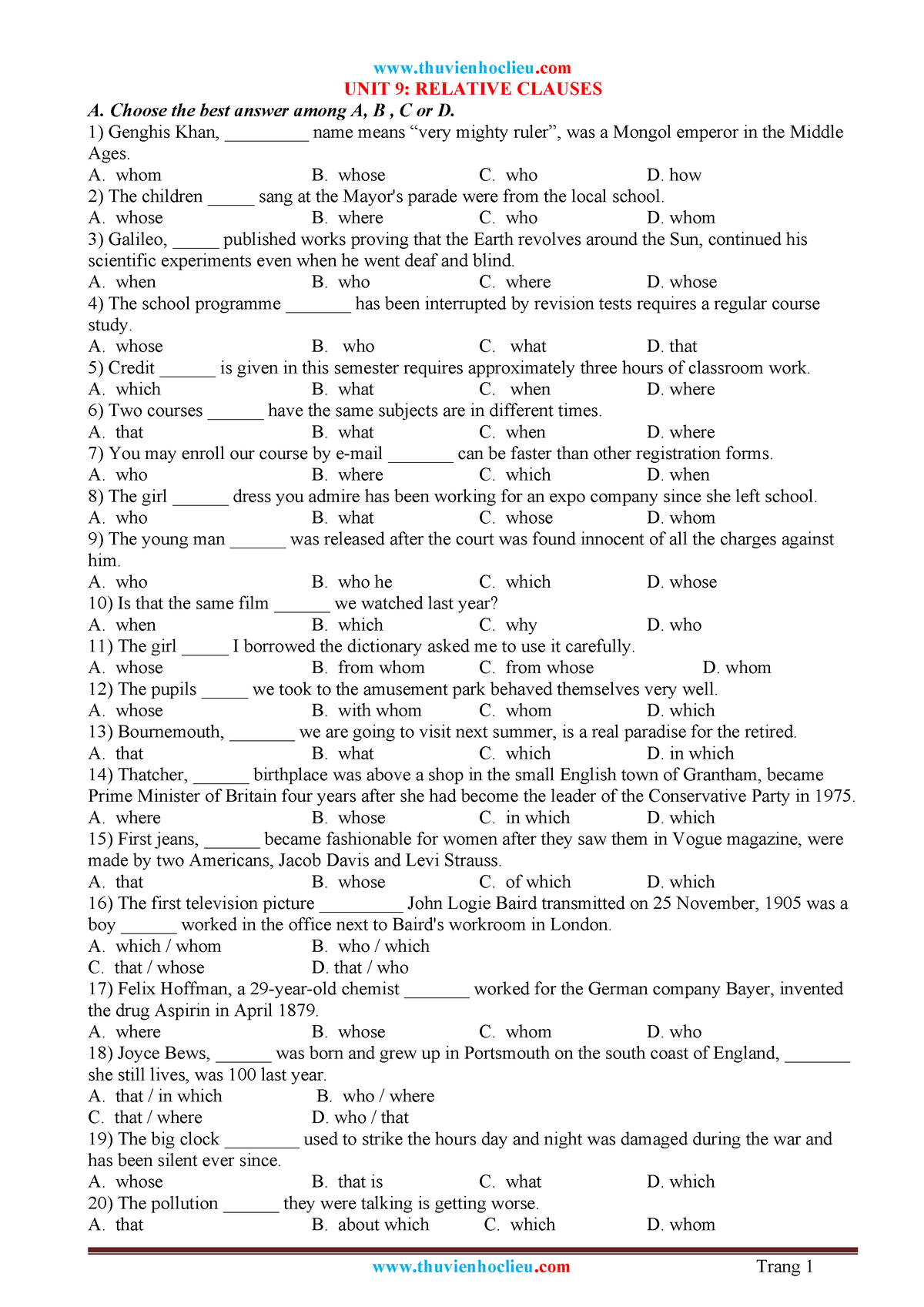 BÀI TẬP - ... - UNIT 9: RELATIVE CLAUSES A. Choose The Best Answer ...