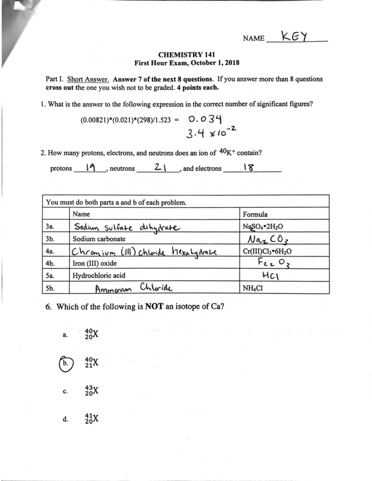 General chemistry 1 Exam2018AnswerKey NAME _KGY CHEMISTRY 141