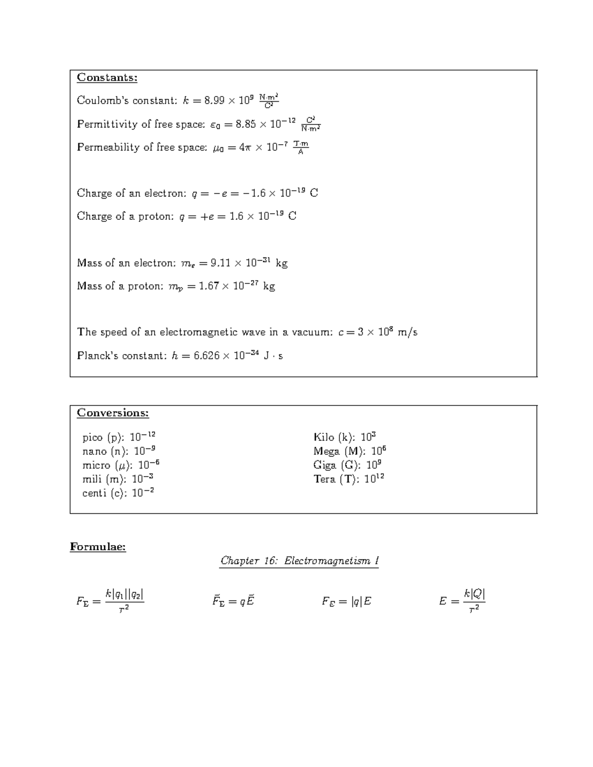 Midterm 3 Formula Sheet - Constants: Coulomb’s constant: k = 8. 99 ⇥ 10 ...