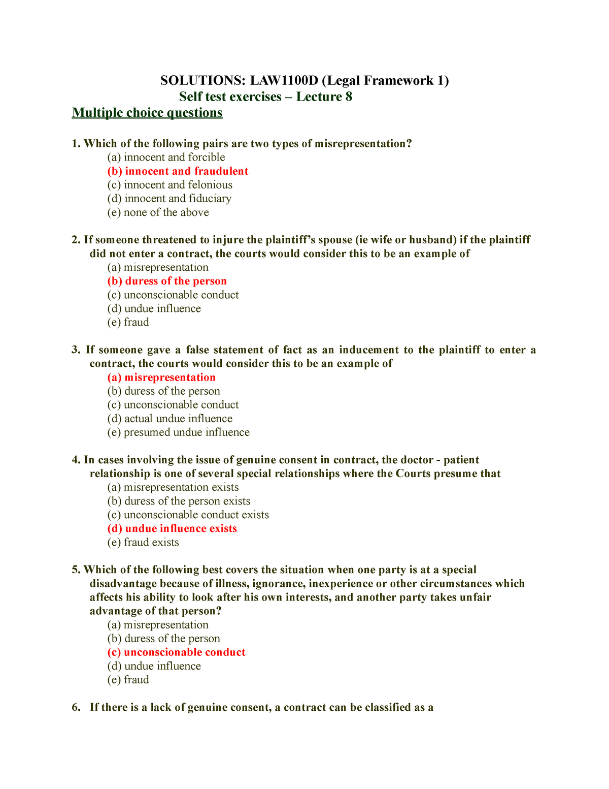 Law1100 Legal Framework 1 Self Test Exercises Lecture 8 Law