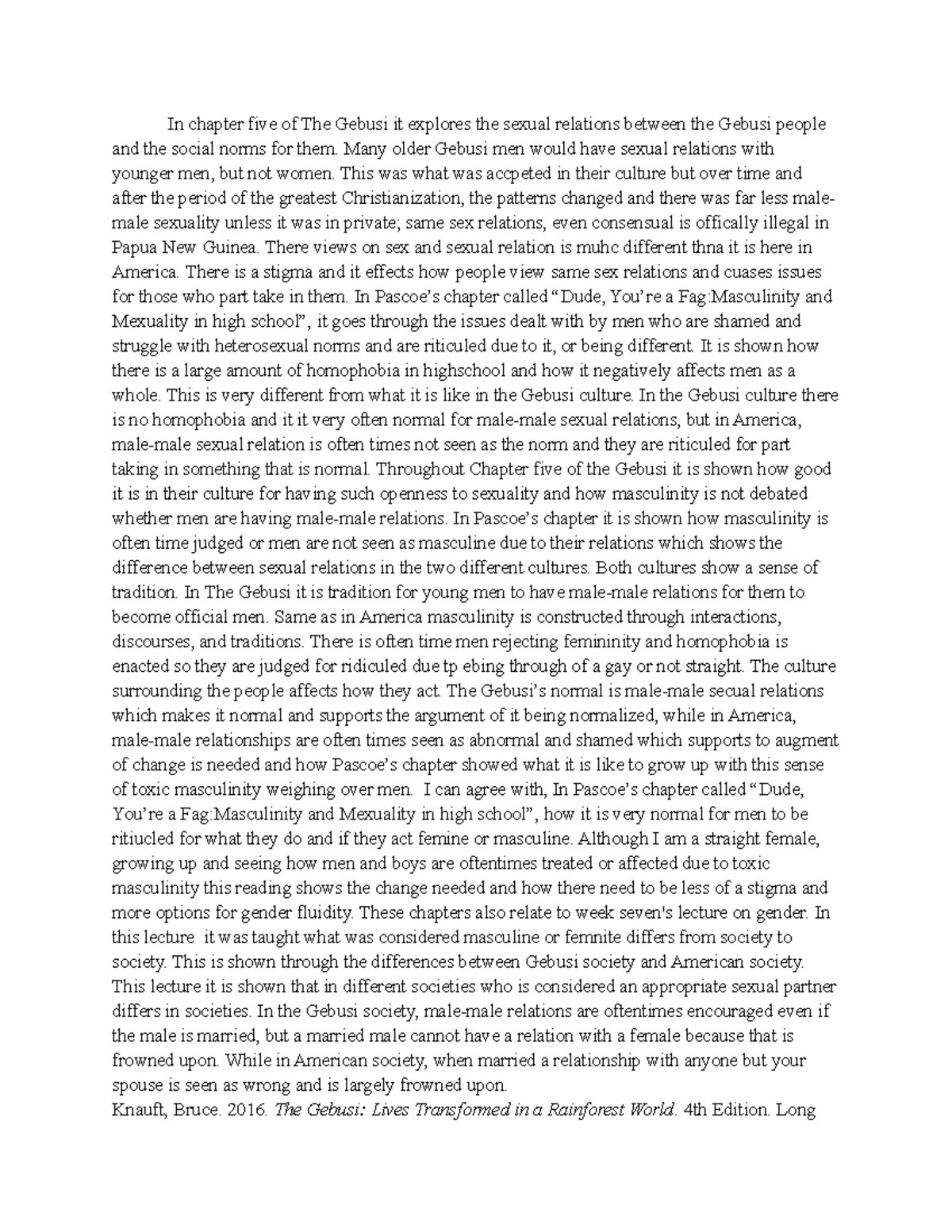 -A2 Discussion Paper - In chapter five of The Gebusi it explores the ...