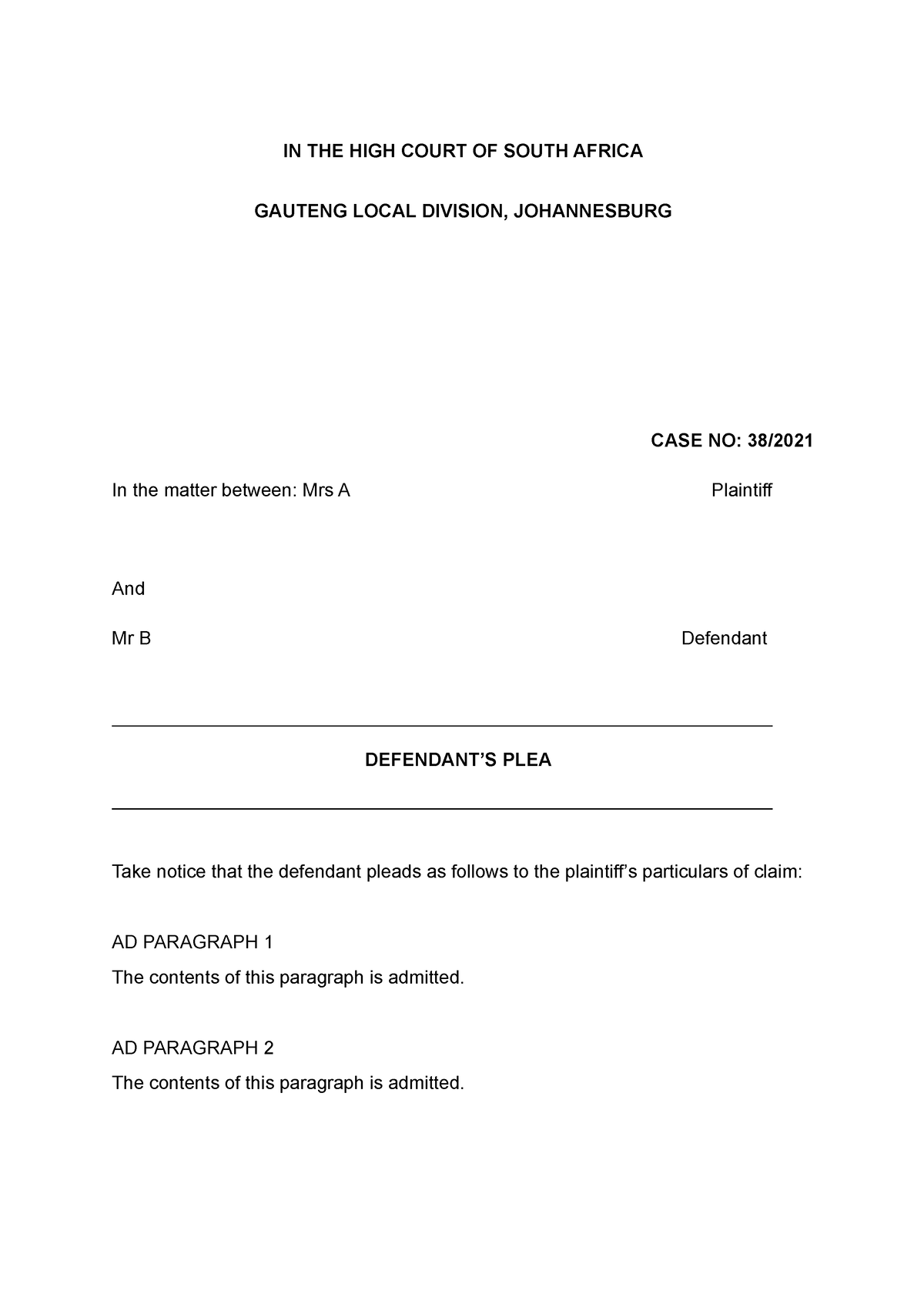 Plea and counterclaim template IN THE HIGH COURT OF SOUTH AFRICA