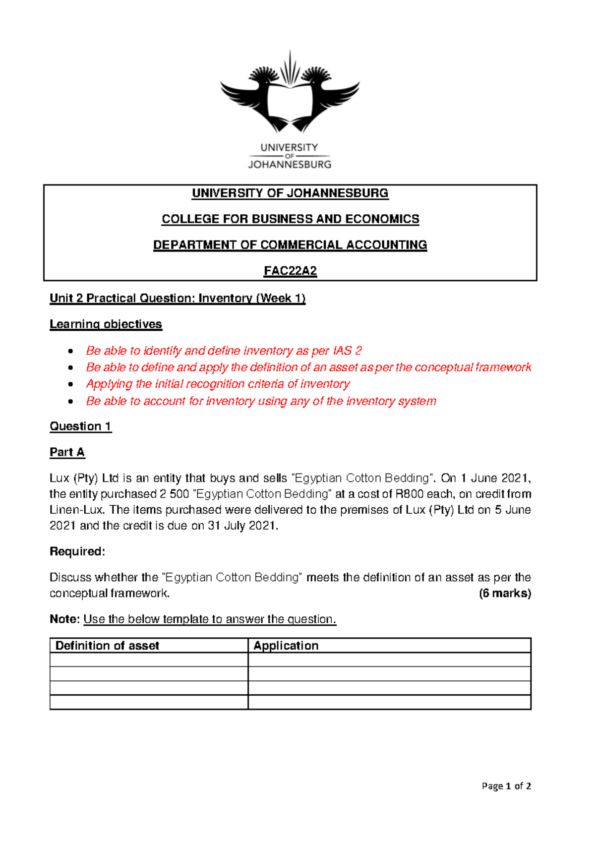 Unit 2 Inventory - Practical Question - Page 1 of 2 UNIVERSITY OF ...