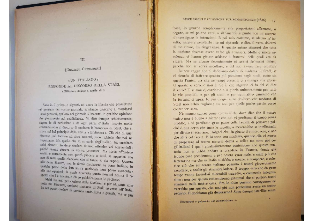 Un italiano risponde al discorso della De Stael Letteratura teatrale