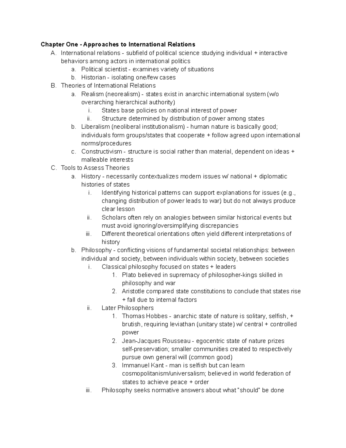 POLI 211 Notes - Chapter One - Approaches to International Relations A ...