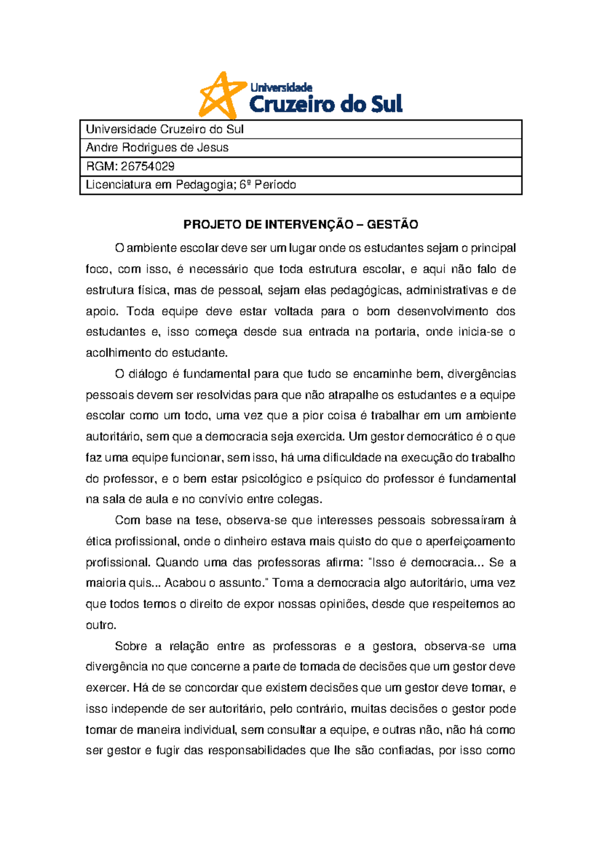 Gestão - Resumo Projeto de Intervenção - Universidade Cruzeiro do Sul ...