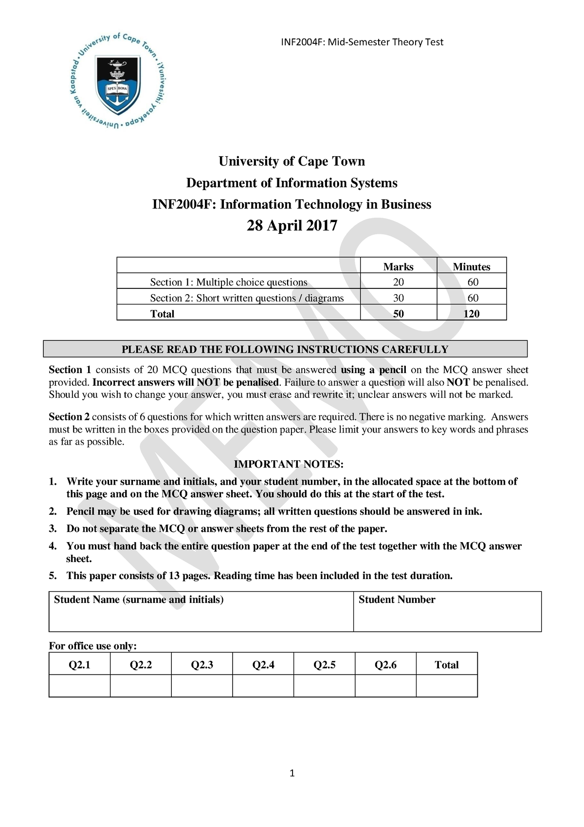 INF2004 F 2017 Mid-Semester-Test-Paper-B-Memo - University Of Cape Town ...