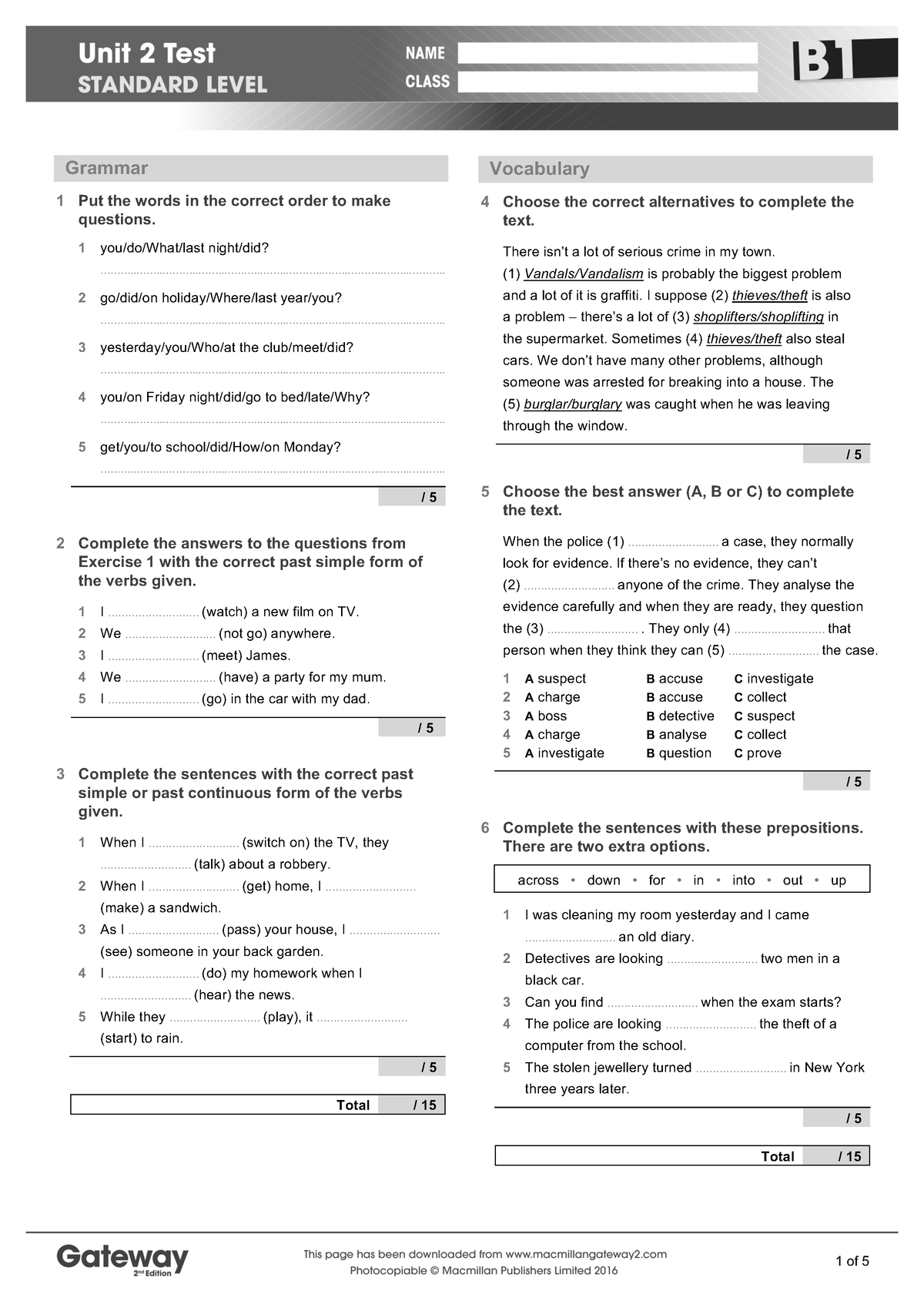 B1 UNIT 2 Test Standard - Test Imprime - Grammar 1 Put The Words In The ...