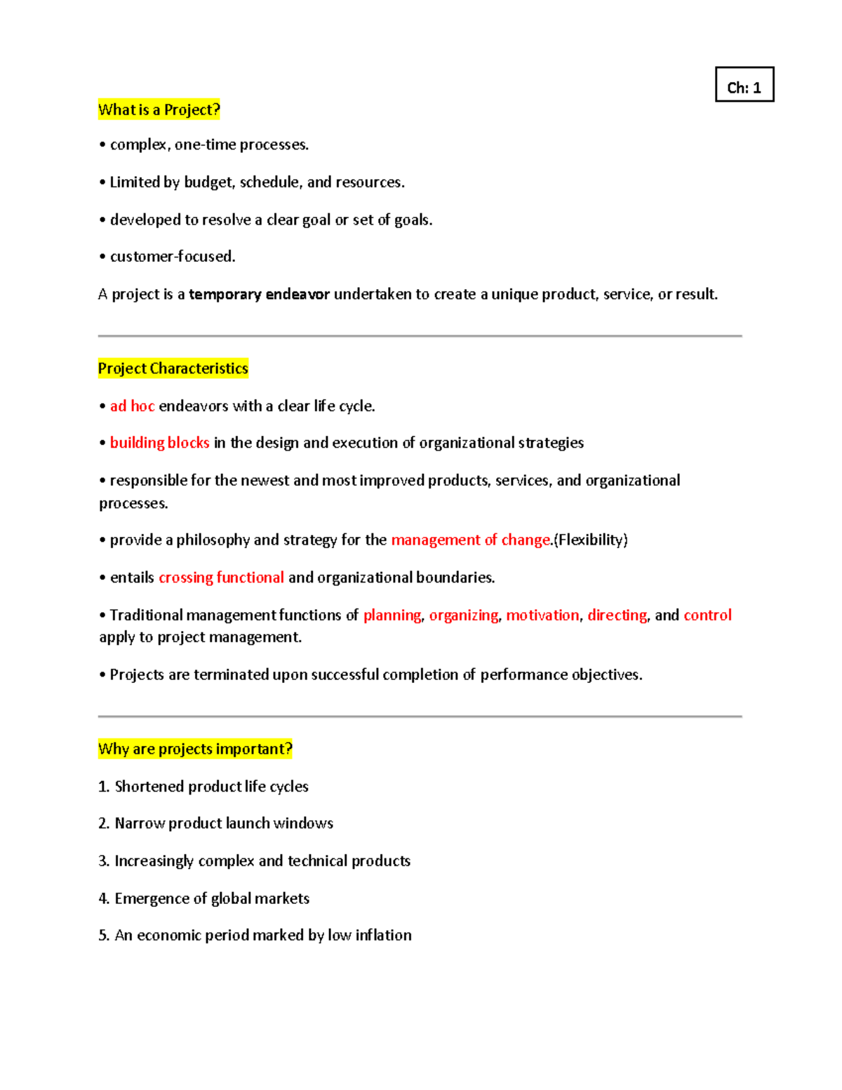 Ch1 - Summary Project Management - What is a Project? complex, one-time ...