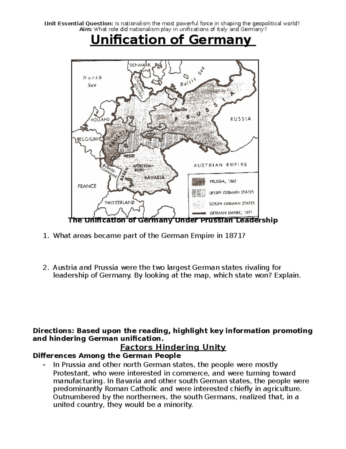 Unification of Germany 2 By looking at the map, which state won