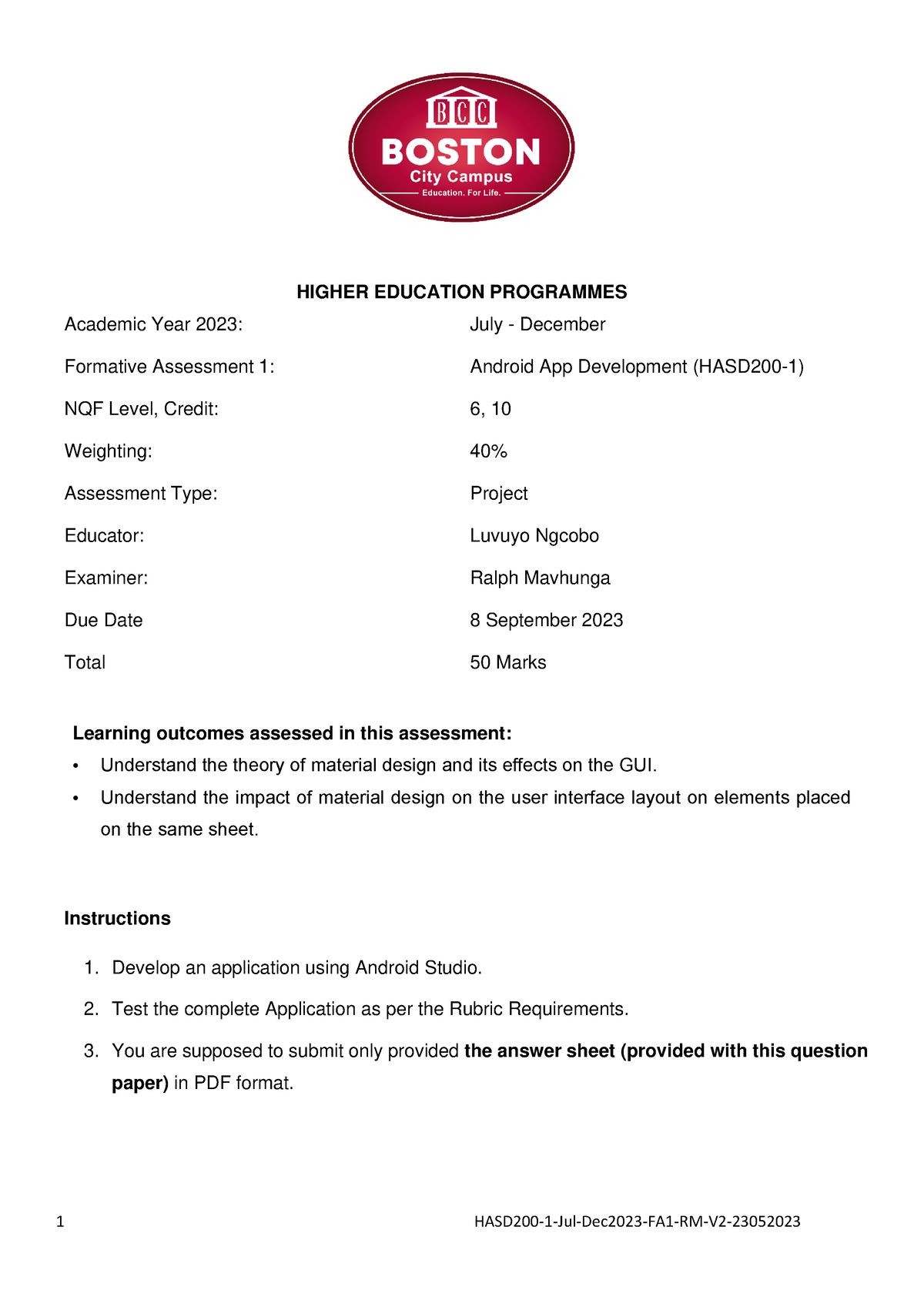 HASD200 1 Jul Dec2023 FA1 RM V2 23052023 - HIGHER EDUCATION PROGRAMMES ...