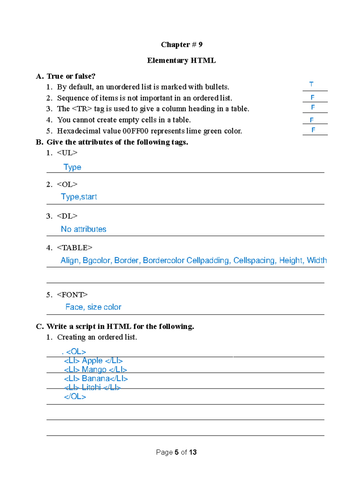 Grade 6-ICT-(Ch 2 & 3) - Wkwk - Chapter # 9 Elementary HTML A. True or ...