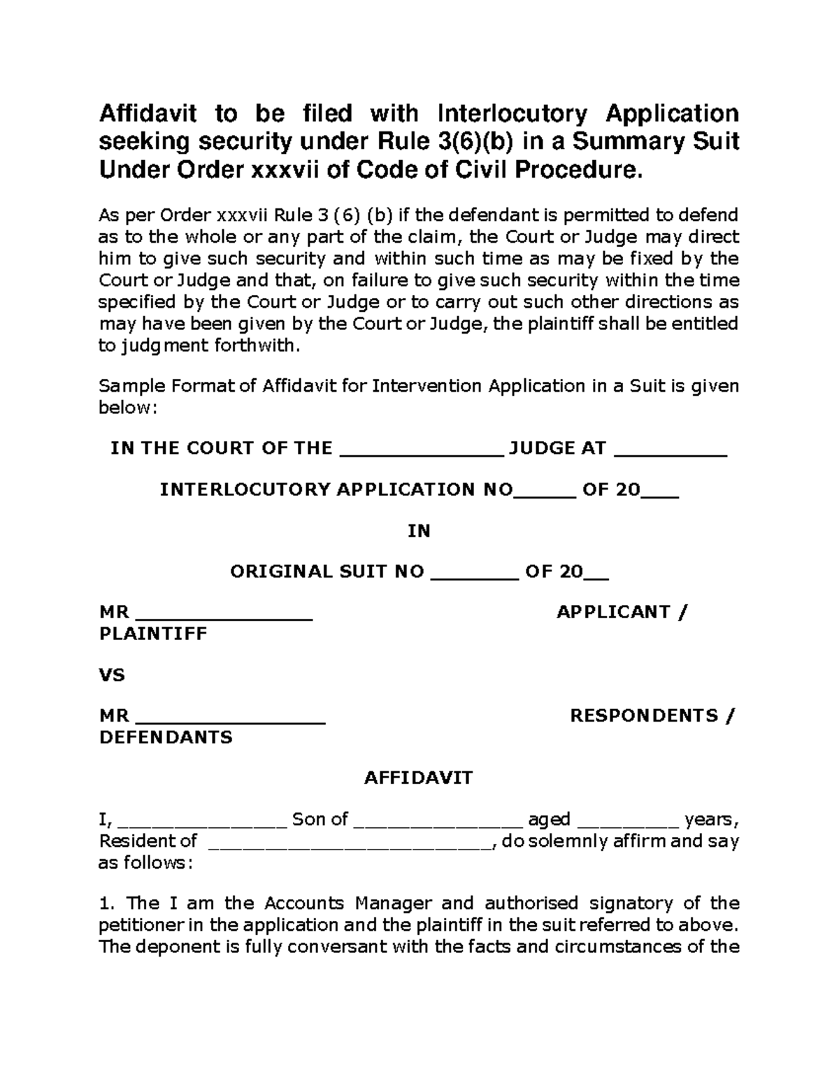 Affidavit to be filed with Interlocutory Application seeking security ...