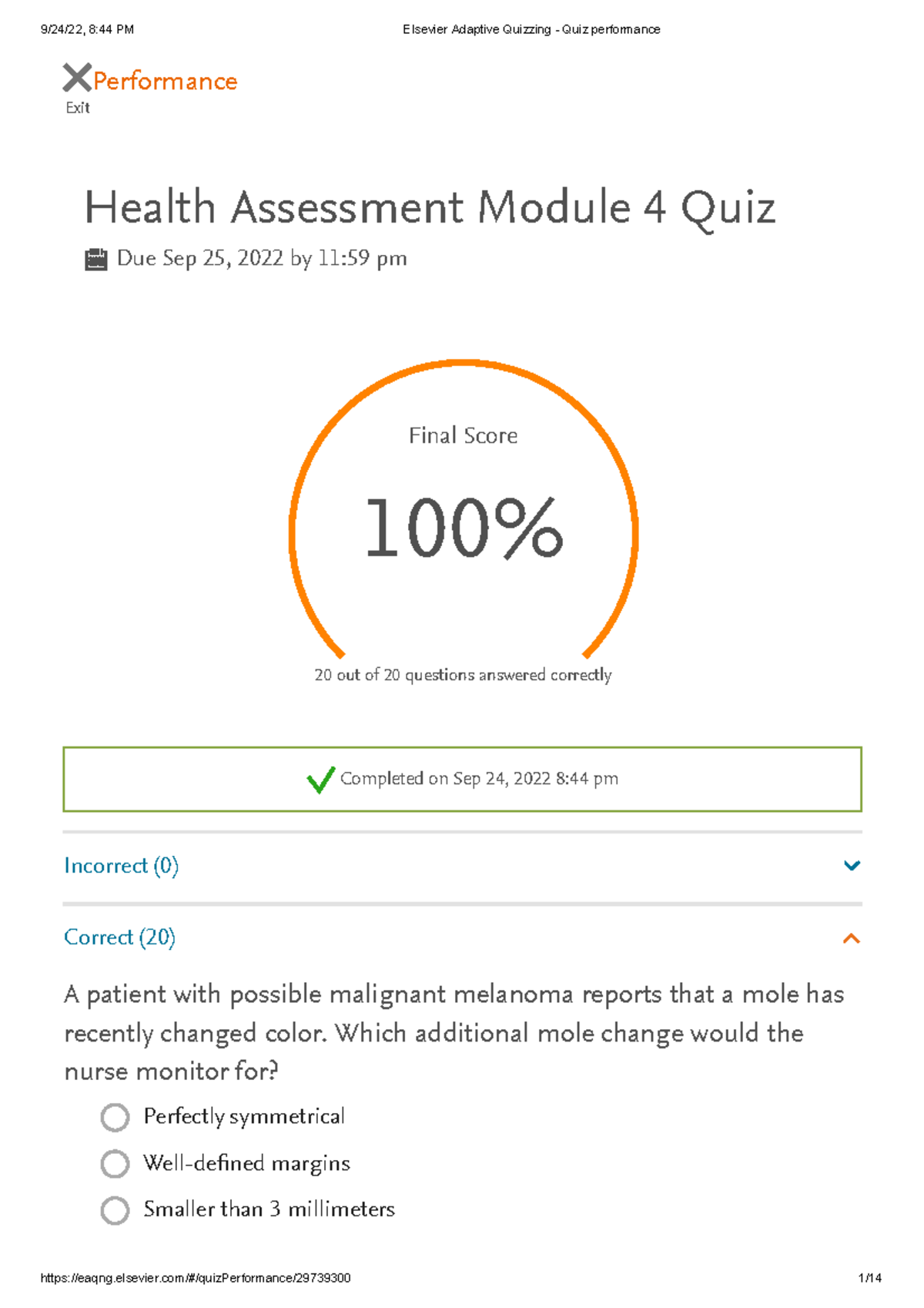 Elsevier Adaptive Quizzing - Quiz Performance - Exit Performance Health ...