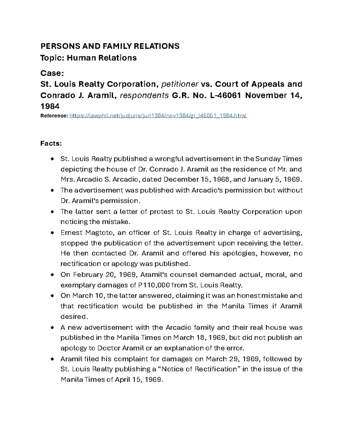 St. Louis Realty Corporation vs. Court Of Appeals And Conrado J. Aramil