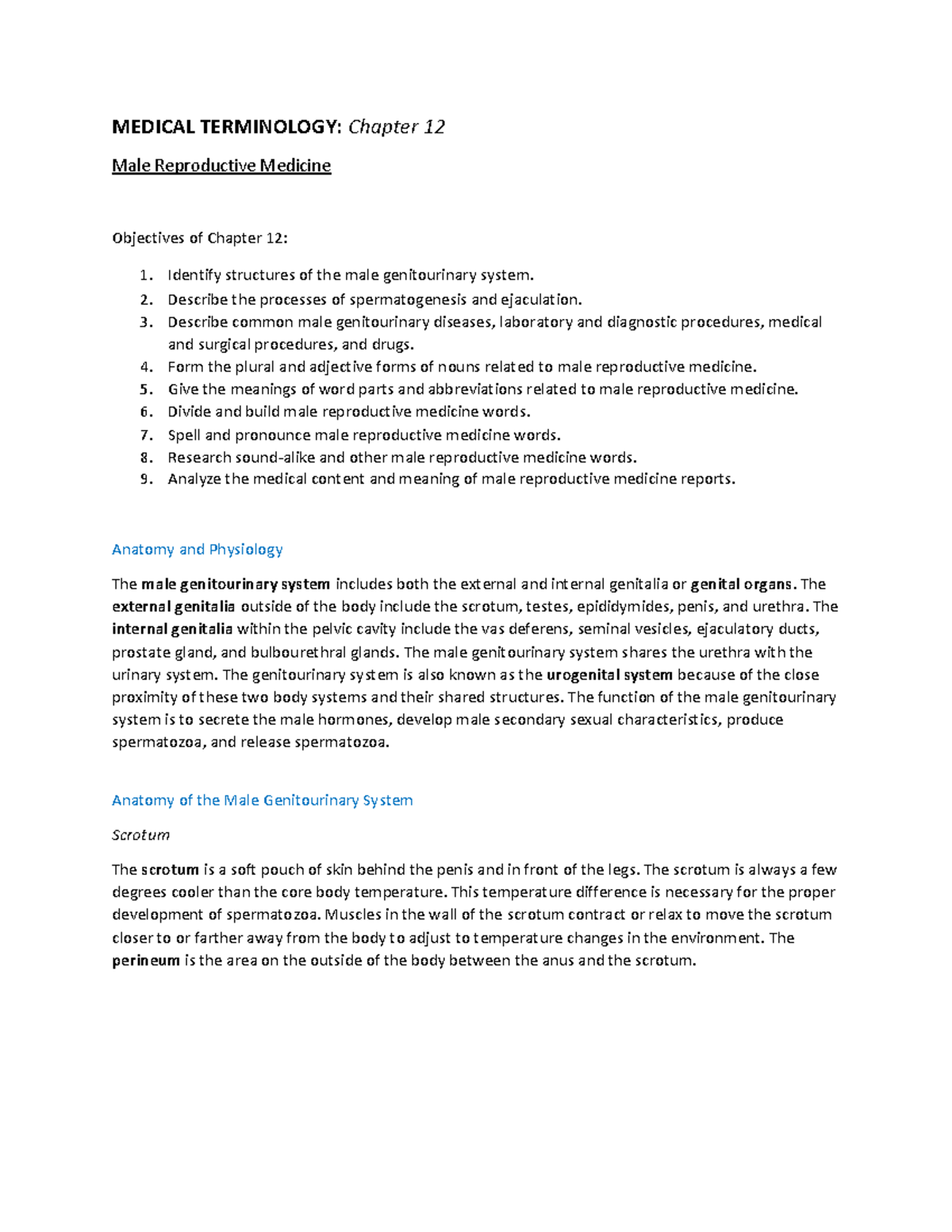 MED TERM Chapter 12 Lecture notes Male Reproductive Medicine