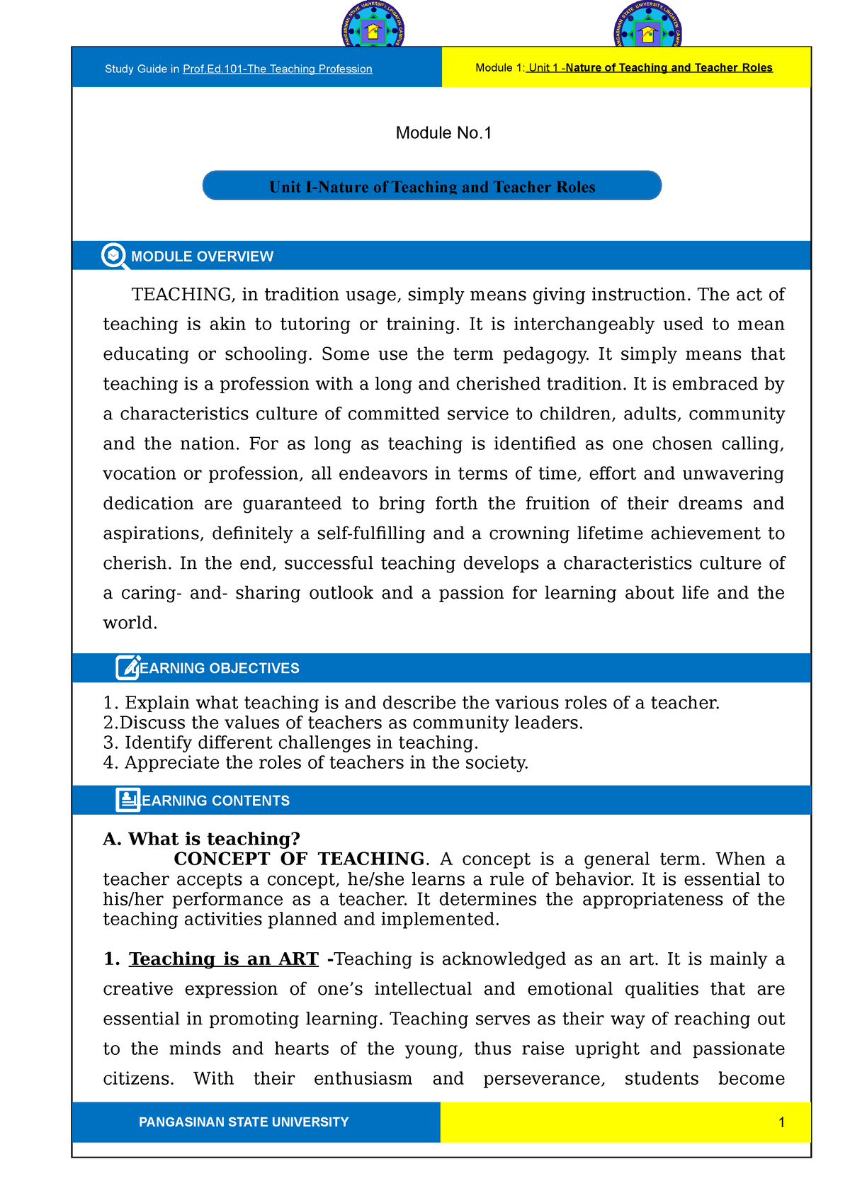 Module 1 The Teaching Profession 1 - Module No. MODULE OVERVIEW ...