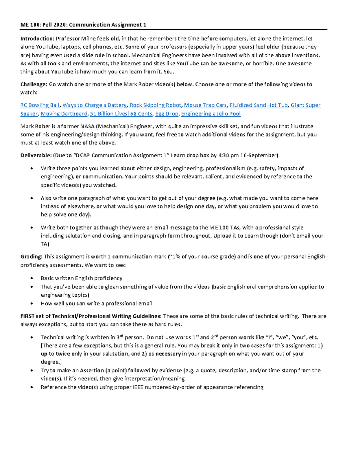 Comm Assign 1Mark Rober Rubric ME 100 Fall 2020 Communication