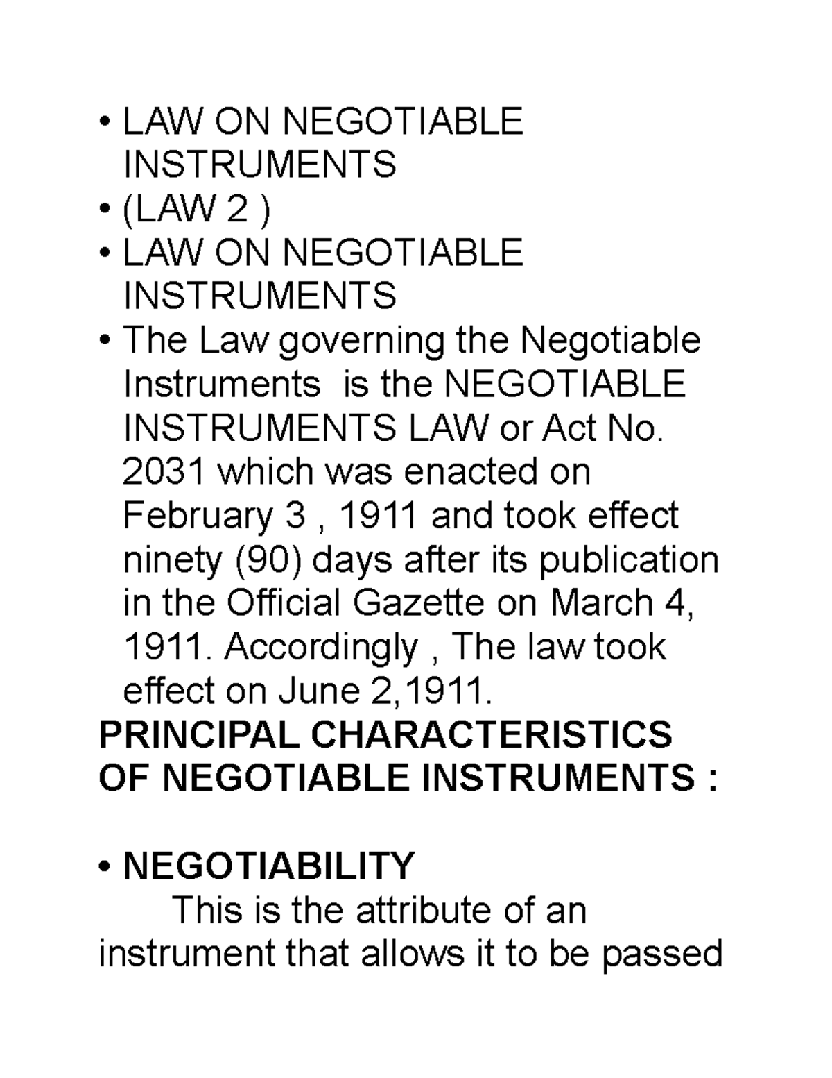 LAW ON Negotiable Instruments - • LAW ON NEGOTIABLE INSTRUMENTS • (LAW ...