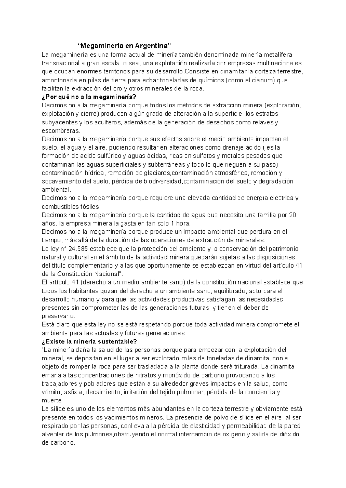 Megamineria en Argentina - “Megaminería en Argentina” La megaminería es ...