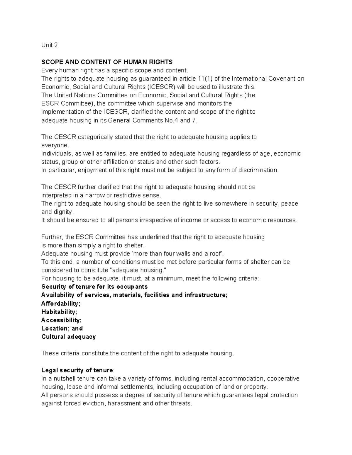 Unit 2 - very helpful - Unit 2 SCOPE AND CONTENT OF HUMAN RIGHTS Every ...