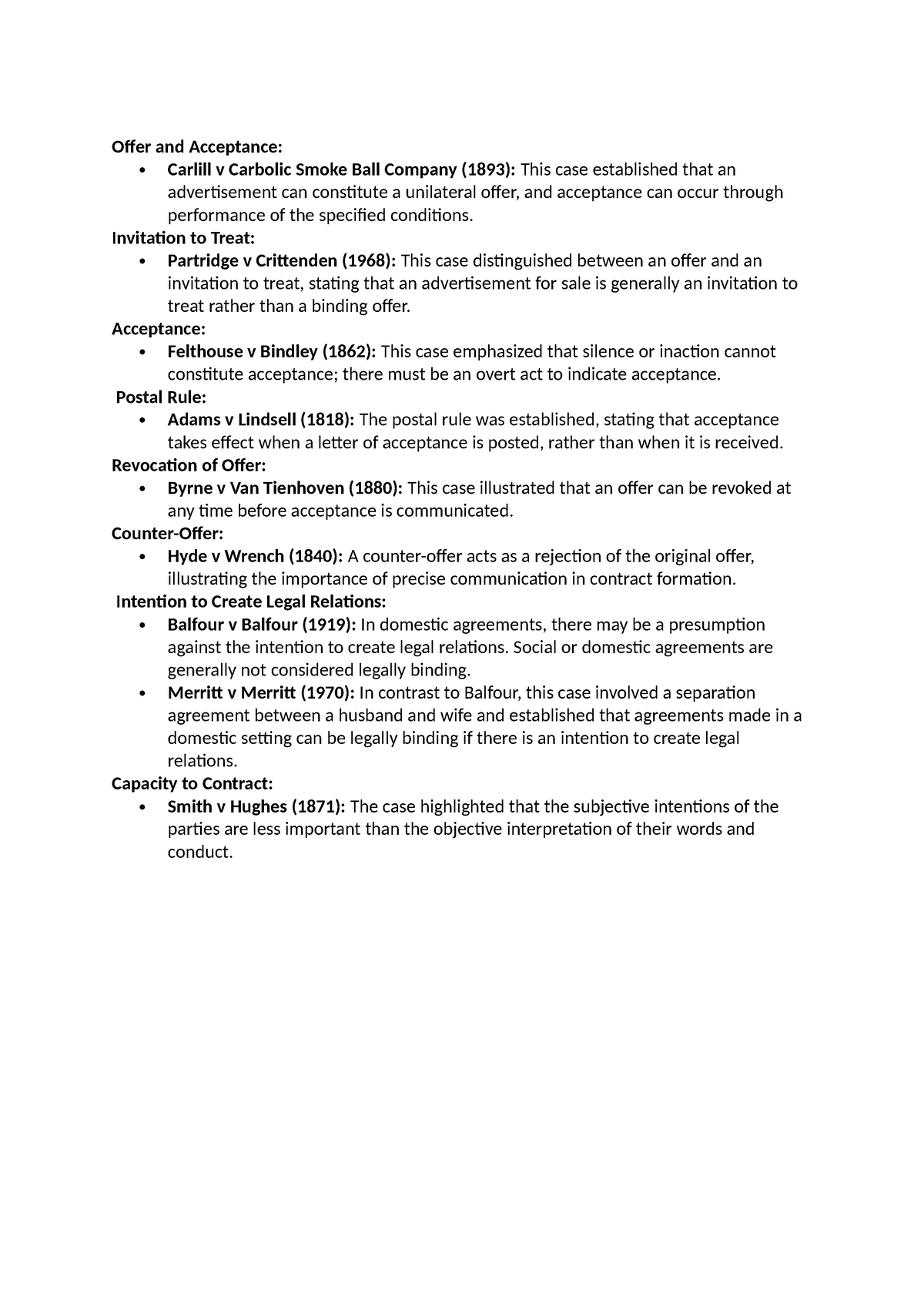 Contract formation key cases - Offer and Acceptance: Carlill v Carbolic ...