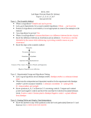 BIOL 1408 Lab Exam II Review Sheet - Exam II Review Sheet Topics 9, 10 ...