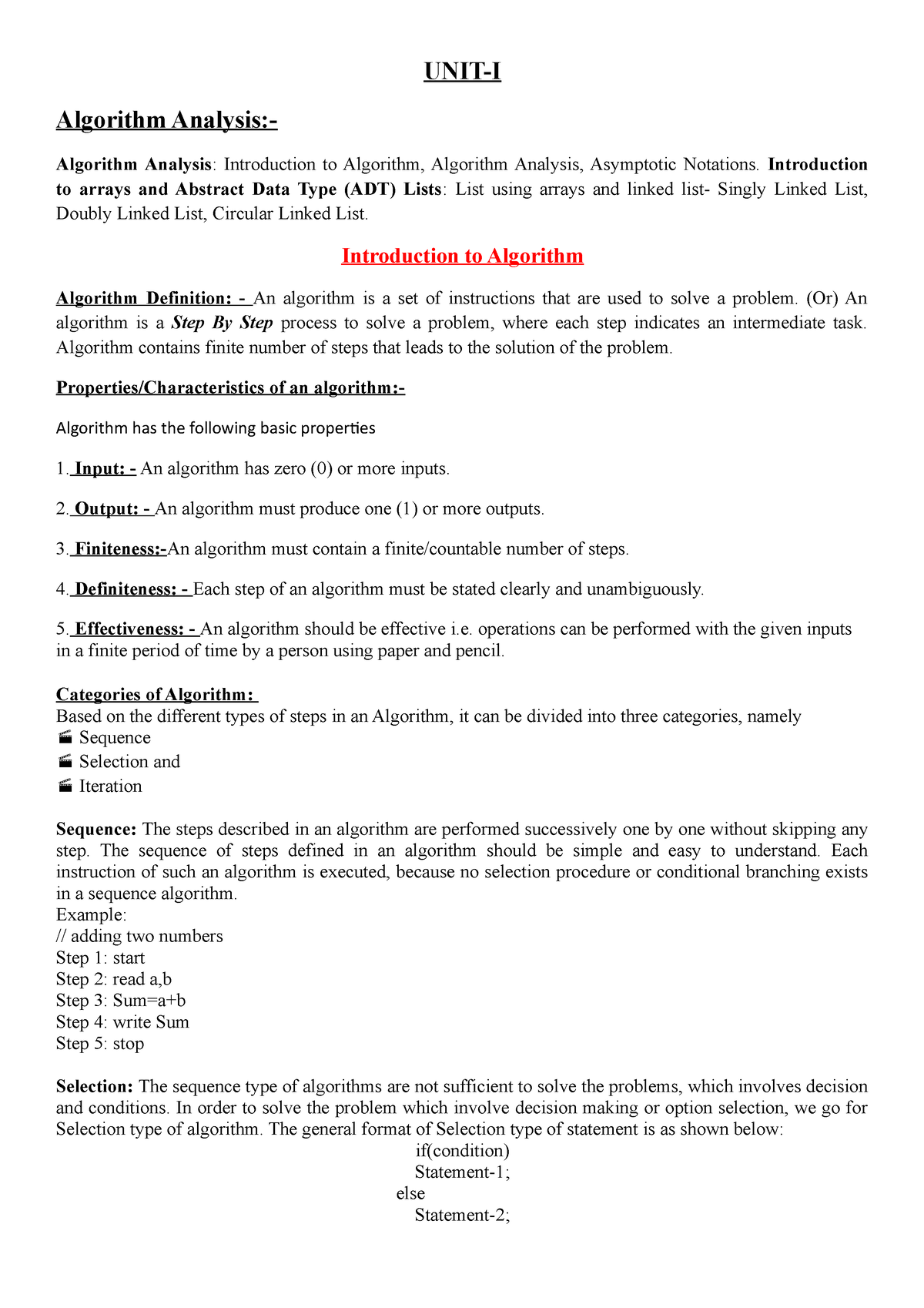 Ds Unit1 Part1 - UNIT-I Algorithm Analysis:- Algorithm Analysis ...