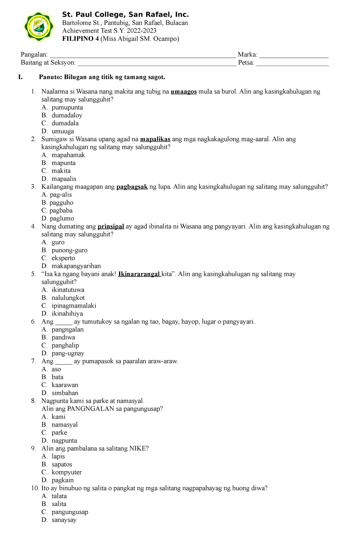 Achievement TEST IN Filipino 4 - St. Paul College, San Rafael, Inc ...