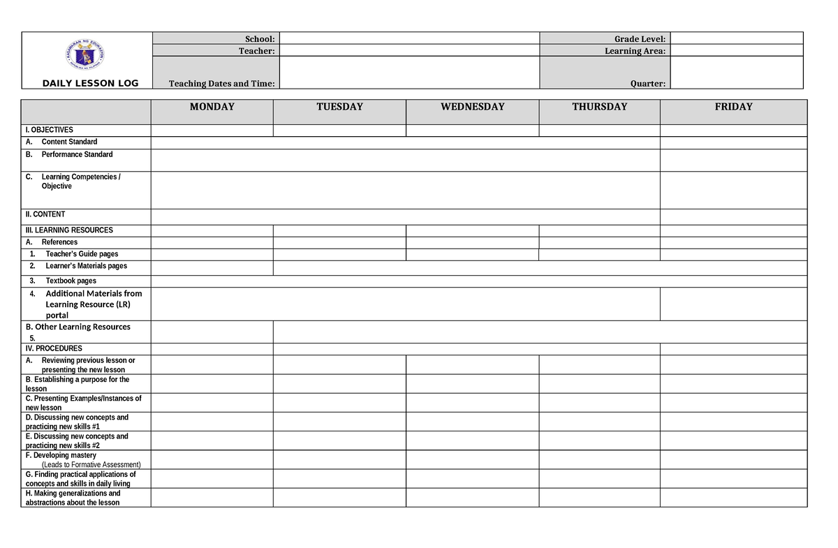 DLL Template FOR English, MATH, Science, TLE, Mapeh ETC - DAILY LESSON ...