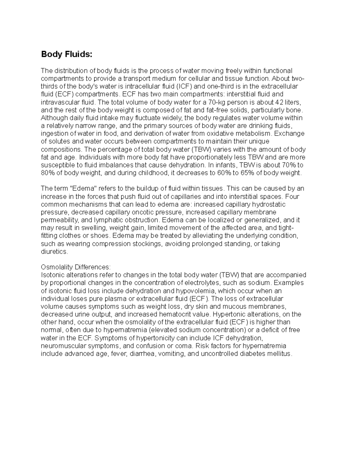 Body Fluids Notes Body Fluids The distribution of body fluids is