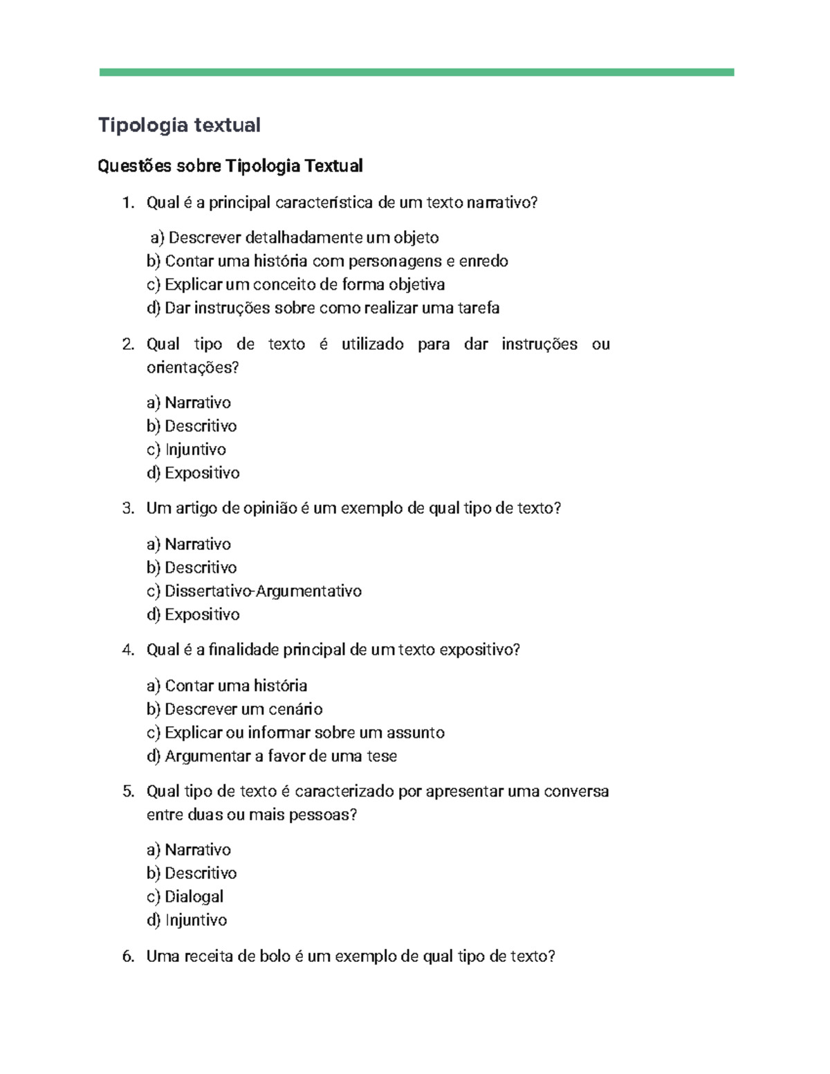 6 - Questões - Tipologia Textual - Tipologia textual Questões sobre ...