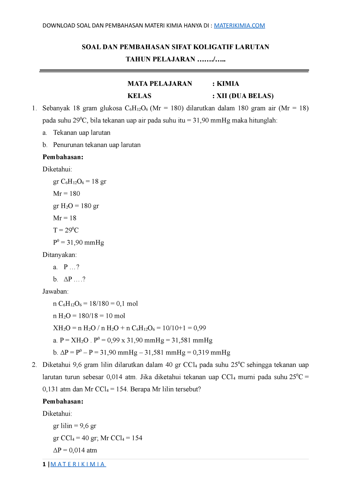 Materi Kimia 10 Contoh Soal Sifat Koligatif Larutan DOC - SOAL DAN ...