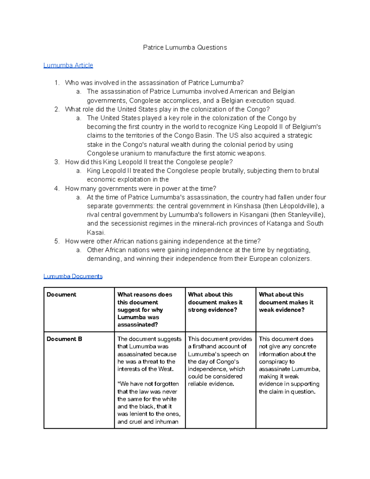 Patric Lumumba Questions Patrice Lumumba Questions Lumumba Article 1