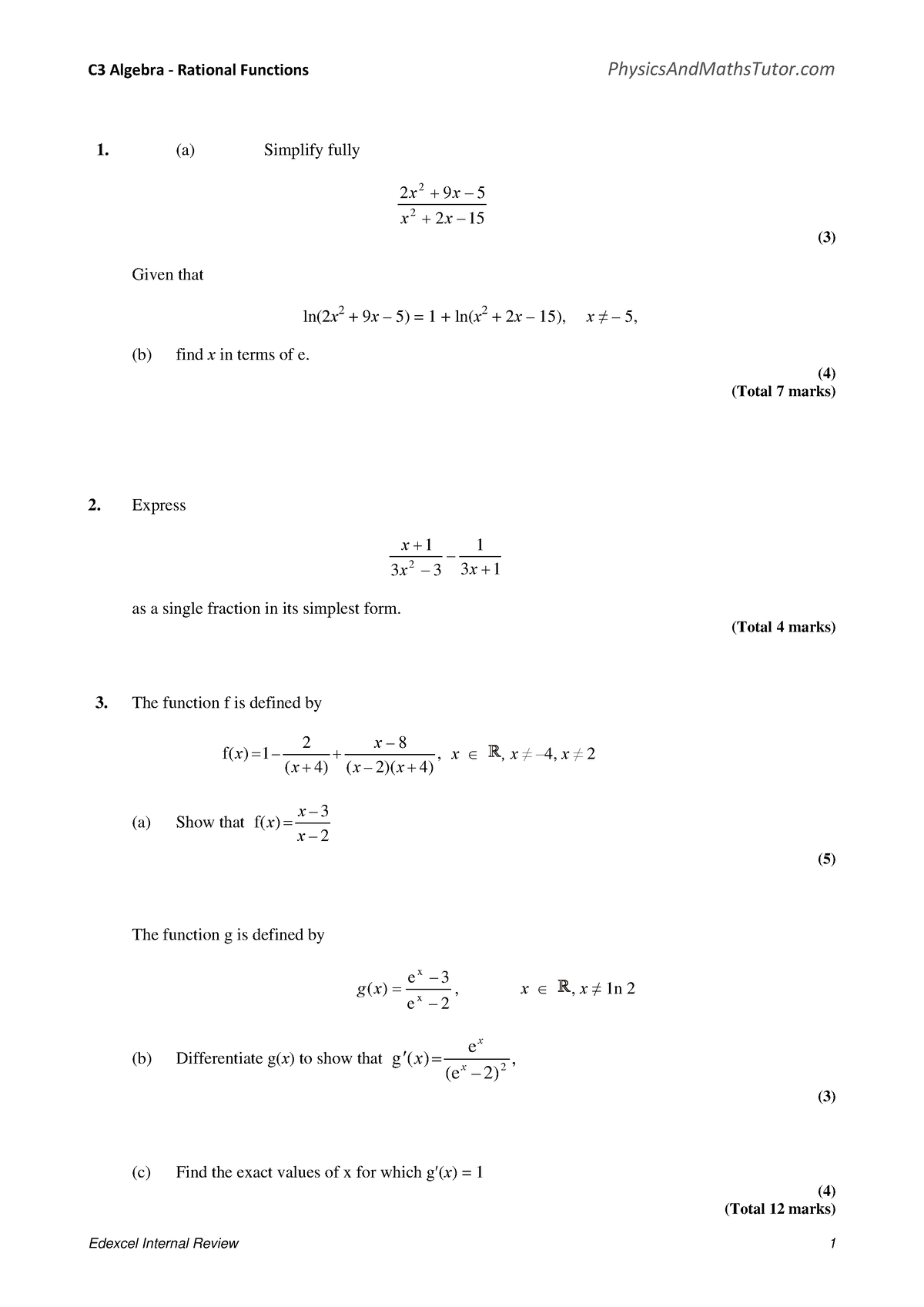 C3 Algebra - Rational Functions - (a) Simplify fully 2 15 2 9 5 2 2 + − ...