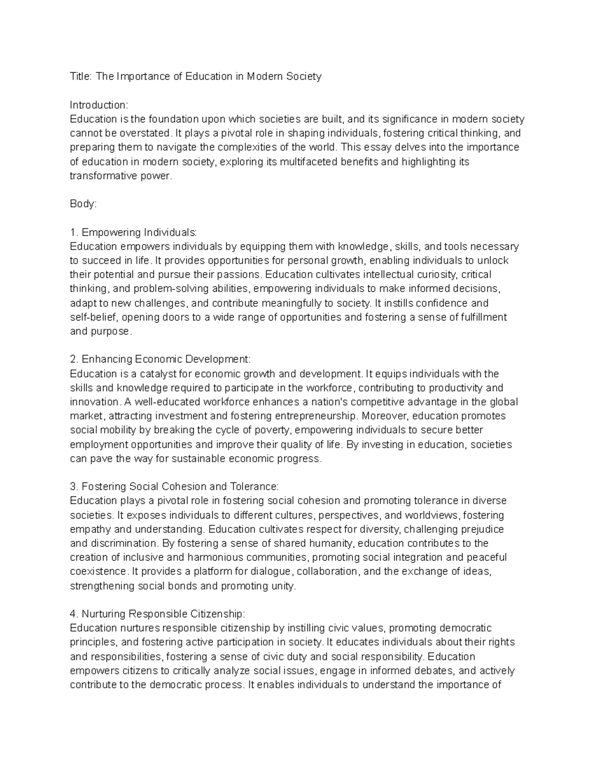 Title The Importance of Education in Modern Society - Title: The ...