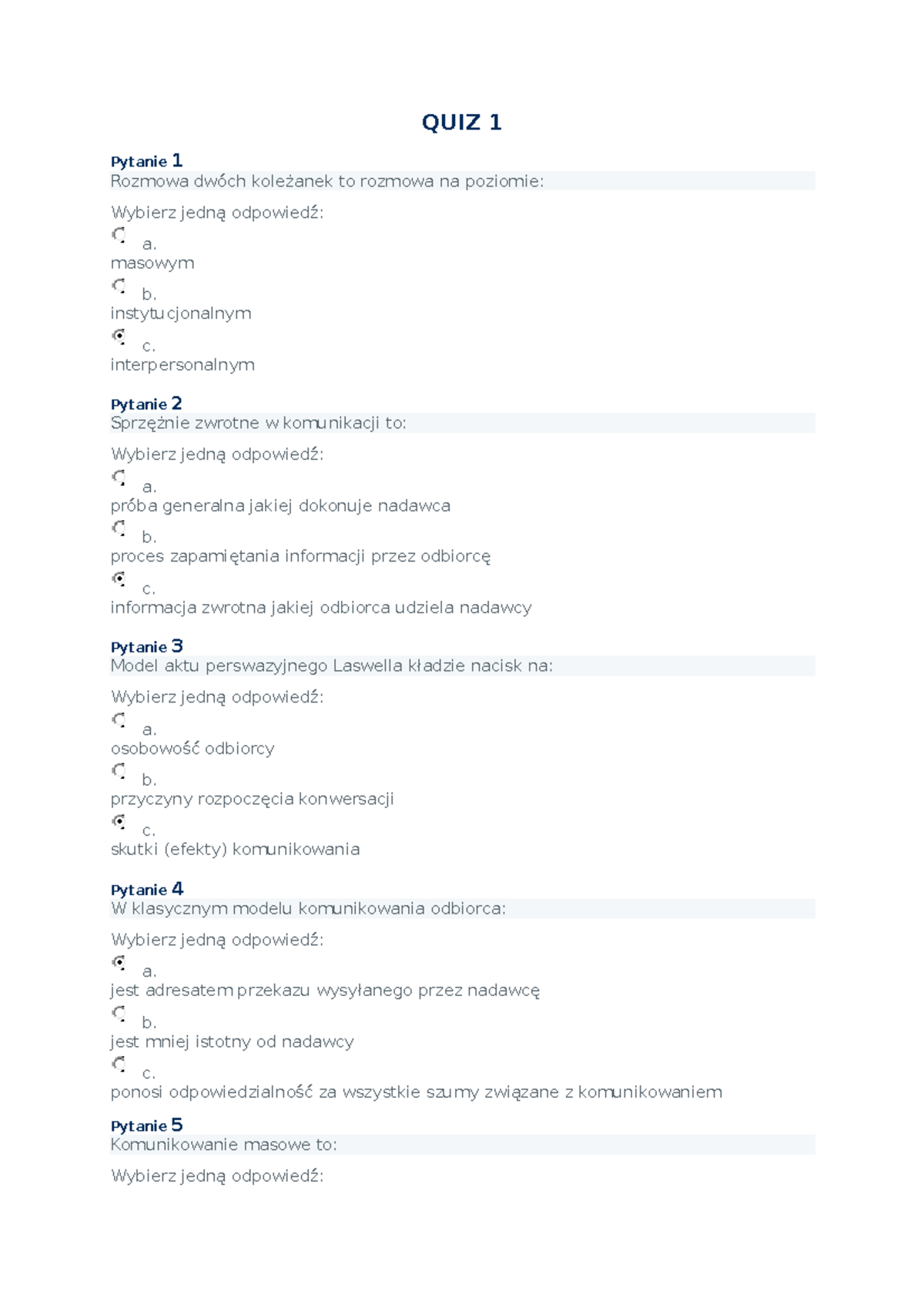 Komunikacja W Biznesie-wszystkie Quizy - QUIZ 1 Pytanie 1 Rozmowa Dwóch ...