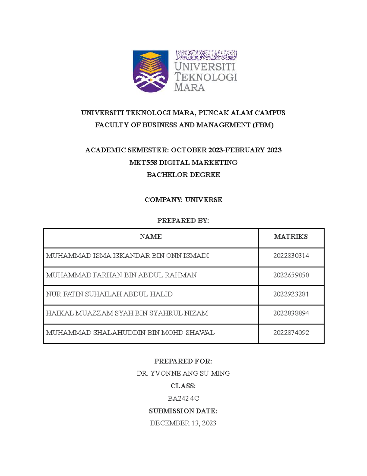 Example Group Report MKT558 - UNIVERSITI TEKNOLOGI MARA, PUNCAK ALAM ...