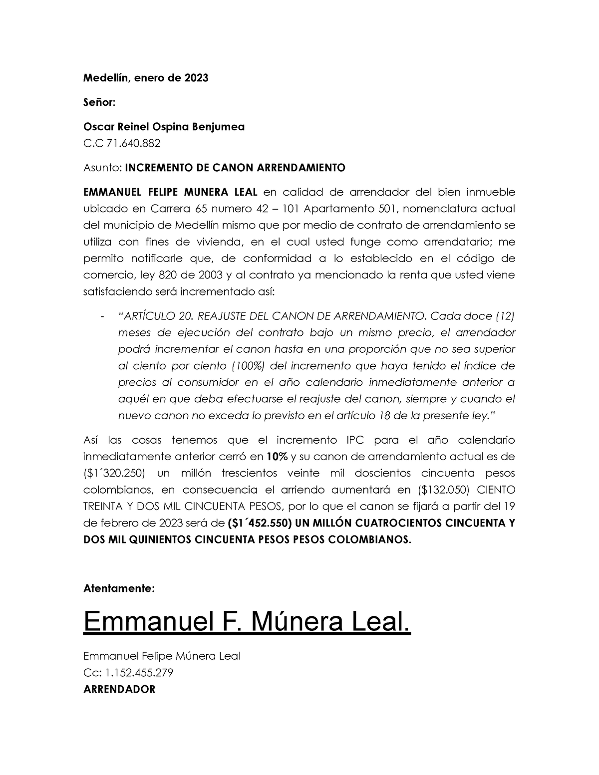 Carta Incremento Canon Arrendamiento 2023 Medellín, enero de 2023