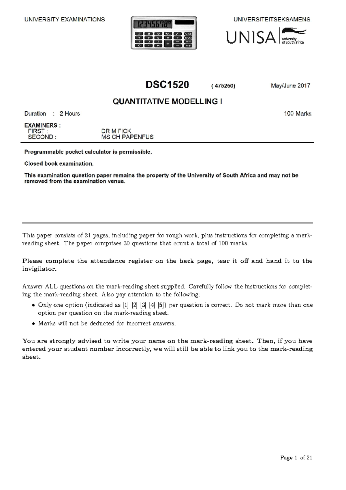 2017 - Quantitative modelling lecture notes, study guides, and teaching ...