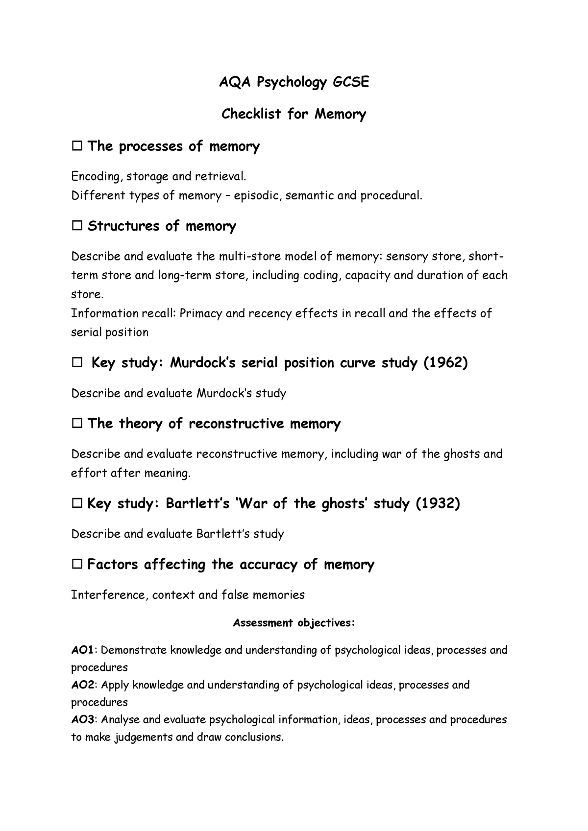 Memory checklist - AQA Psychology GCSE Checklist for Memory The ...