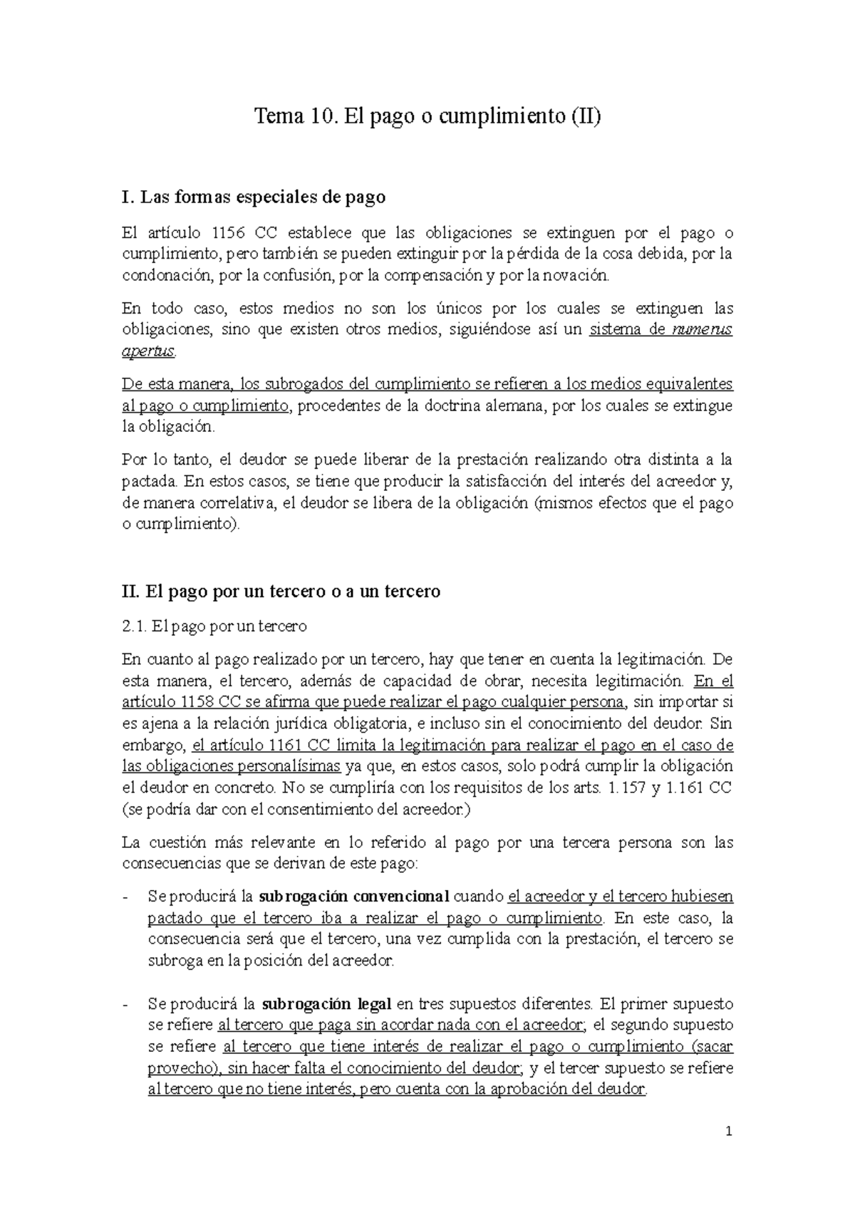 Tema 10 - Derecho de las obligaciones - Tema 10. El pago o cumplimiento ...