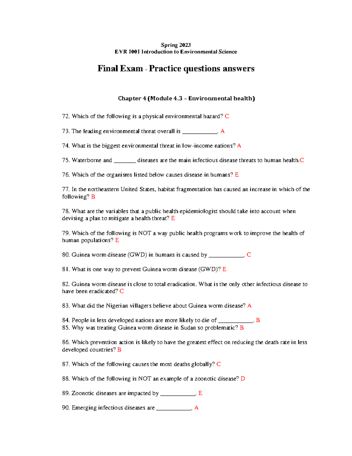 Final Exam Practice Questions Answers-1 - Spring 2023 EVR 1001 ...