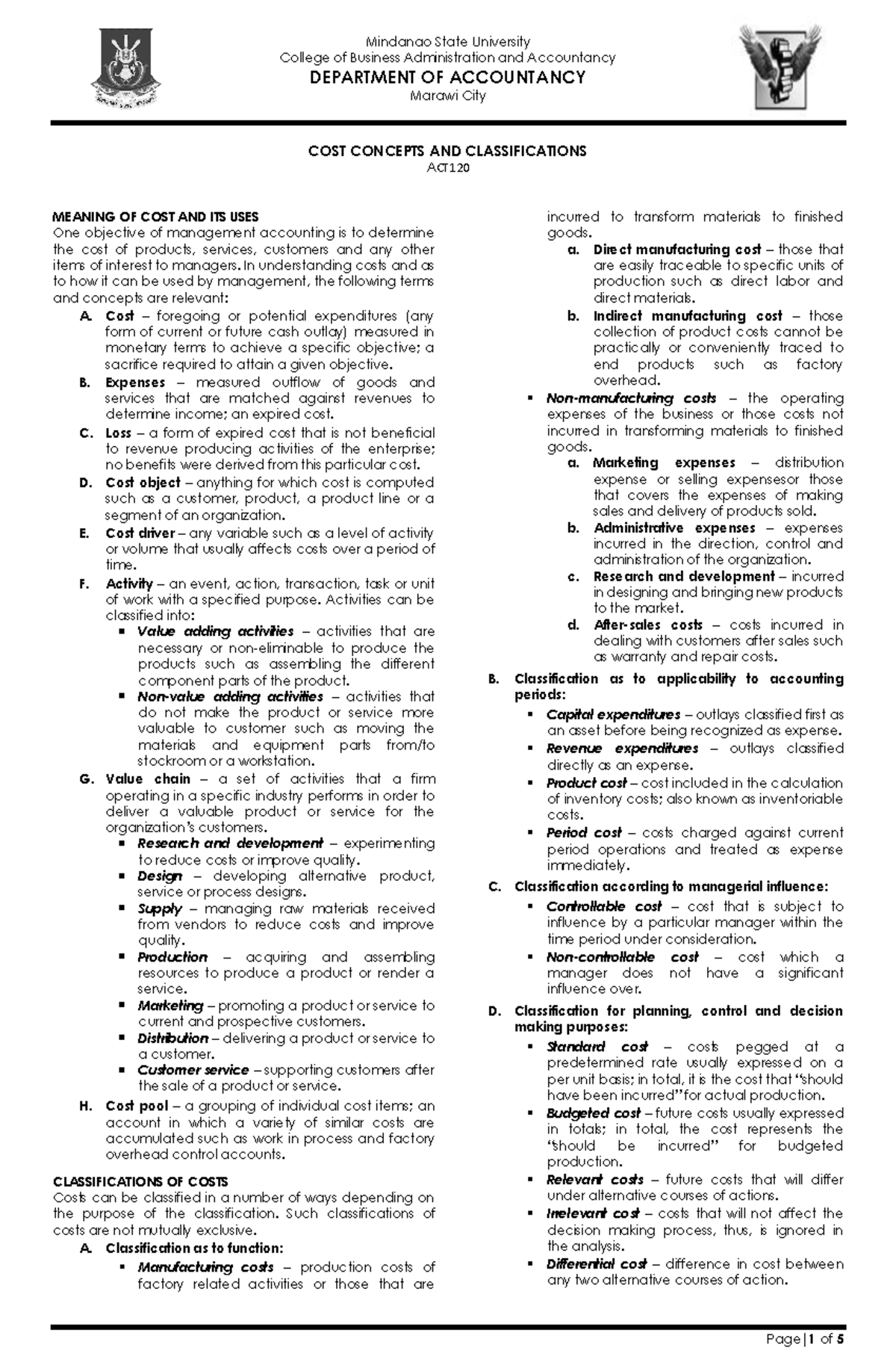 Chapter 2 - Cost Accounting Lecture Notes - Mindanao State University ...