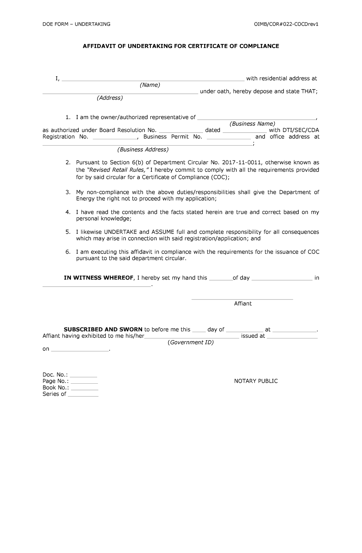 Affidavit Of Undertaking For Certificate Of Compliance Doe Form Undertaking Oimbcor022 8430