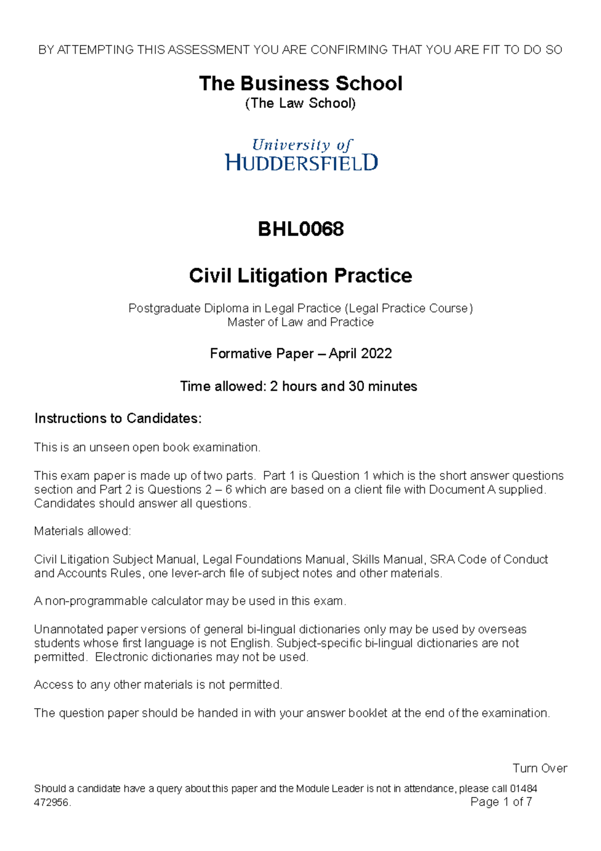 BHL0068-Civil Litigation - Formative Exams- 2022-Paper 2 - The Business ...