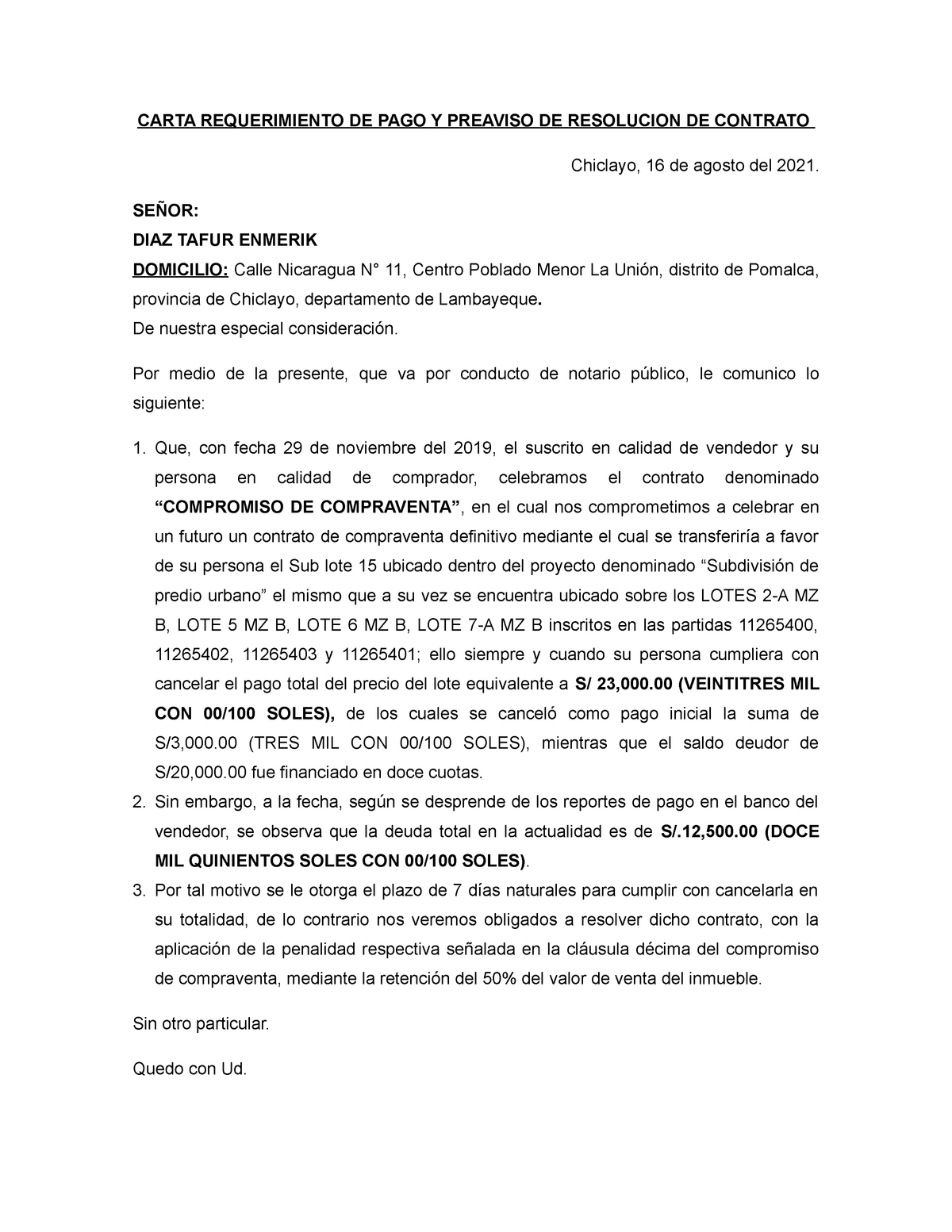 Carta Requerimiento DE PAGO Y Preaviso DE Resolucion DE Contrato DIAZ Tafur  Enmerik Sublote 15 - Studocu