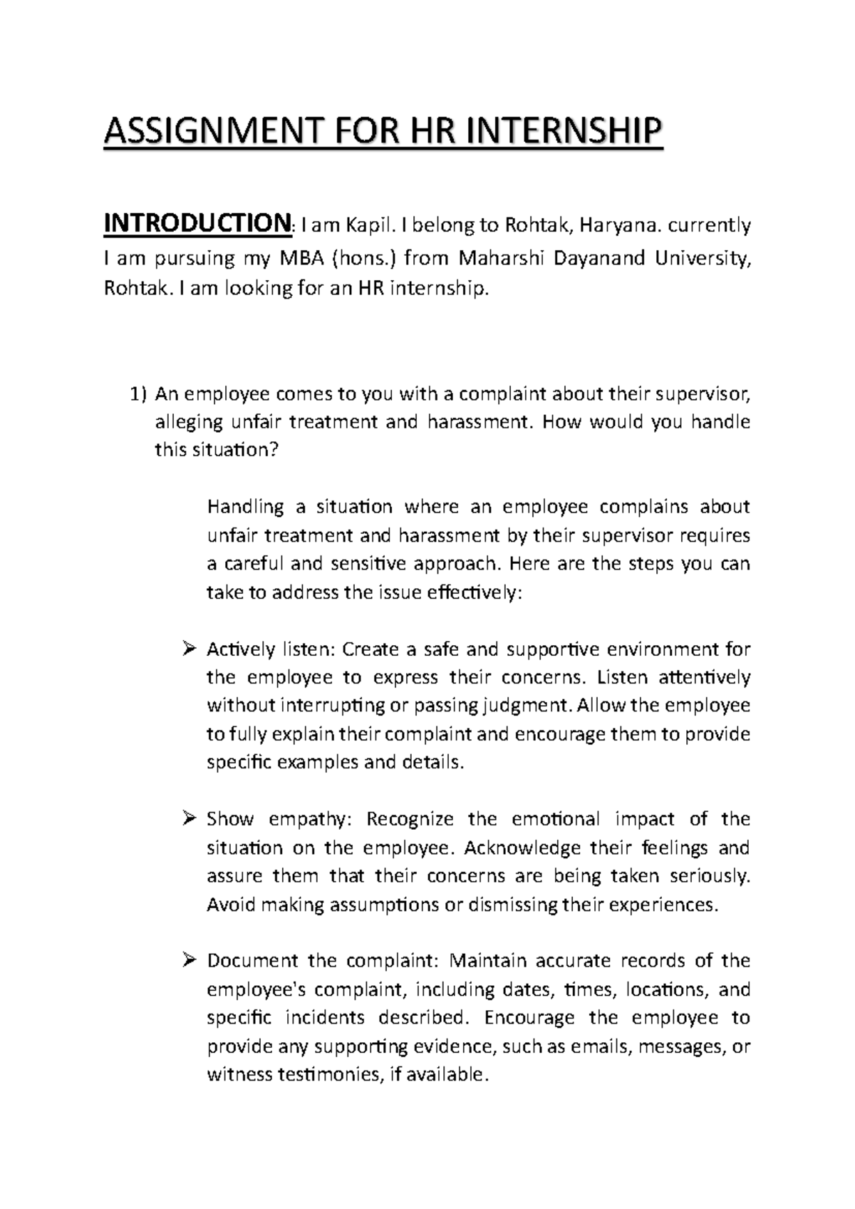 Assignment - ASSIGNMENT FOR HR INTERNSHIP INTRODUCTION: I am Kapil. I ...