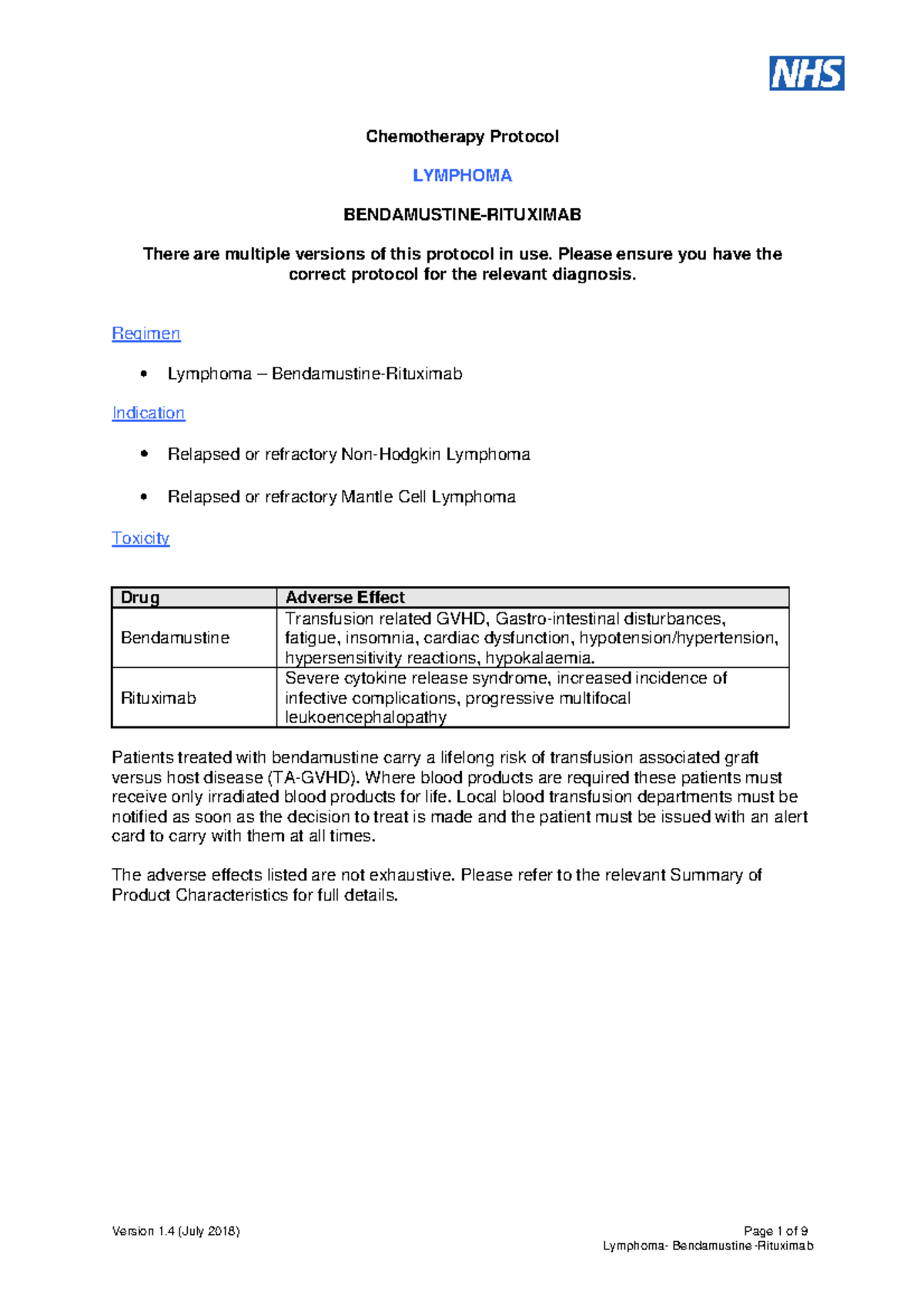 Bendamustine-Rituximab - Version 1 (July 2018) Page 1 of 9 Chemotherapy ...