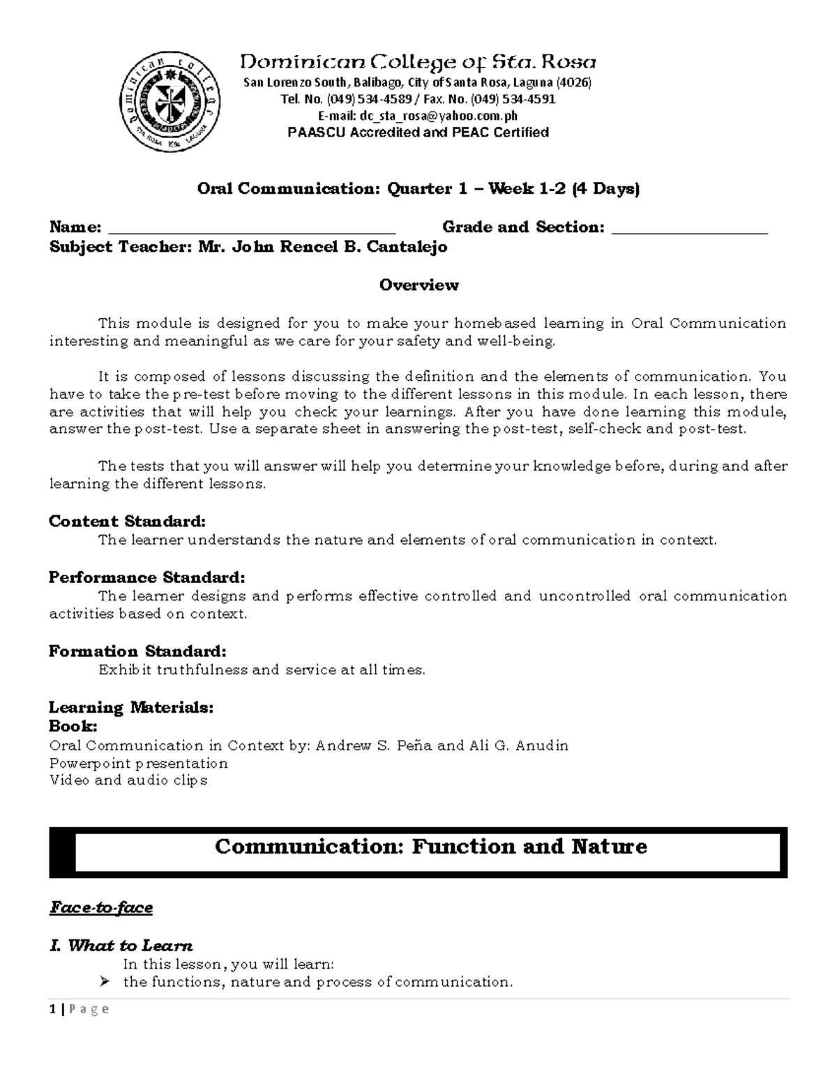 ORAL Communication Module Q1 W1 W2 - San Lorenzo South, Balibago, City ...
